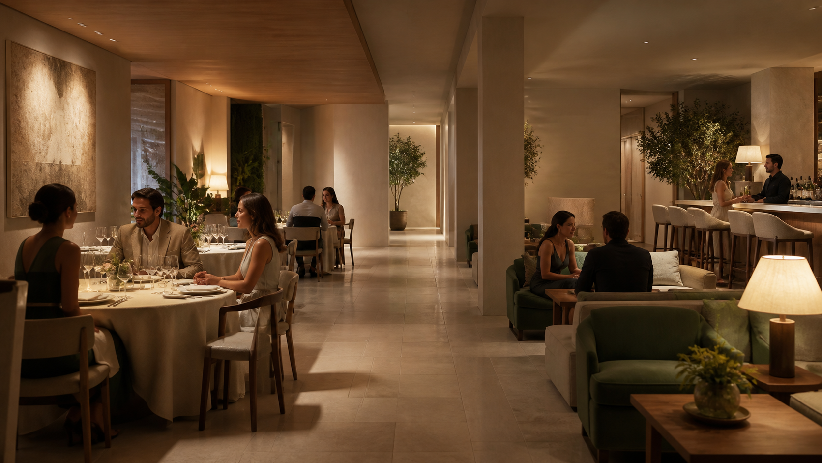 Muted botanical lounge with adult guests in conversation